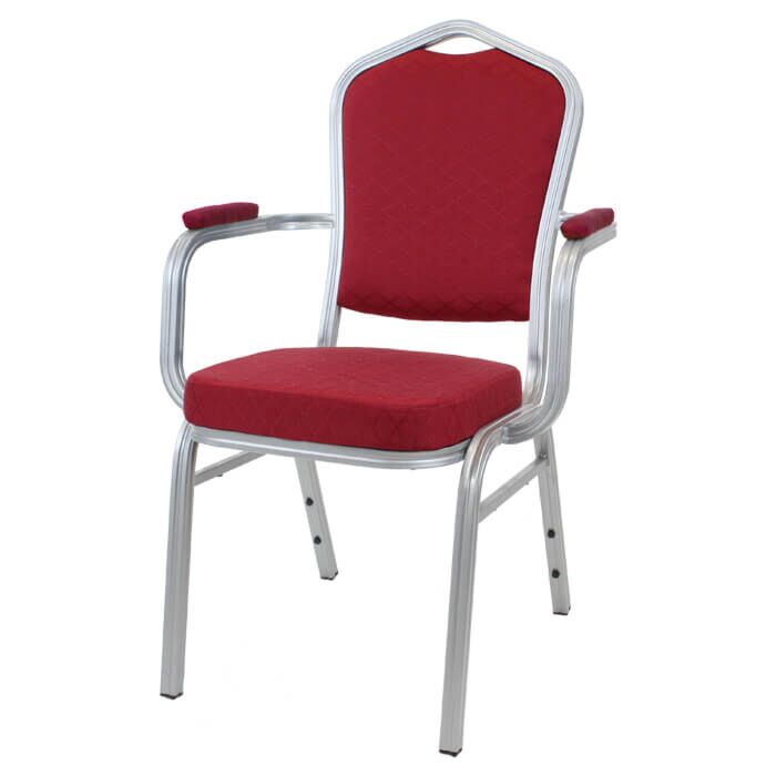 Diamond Aluminium Stacking Chair Burgundy Fabric Silver Frame With Arms