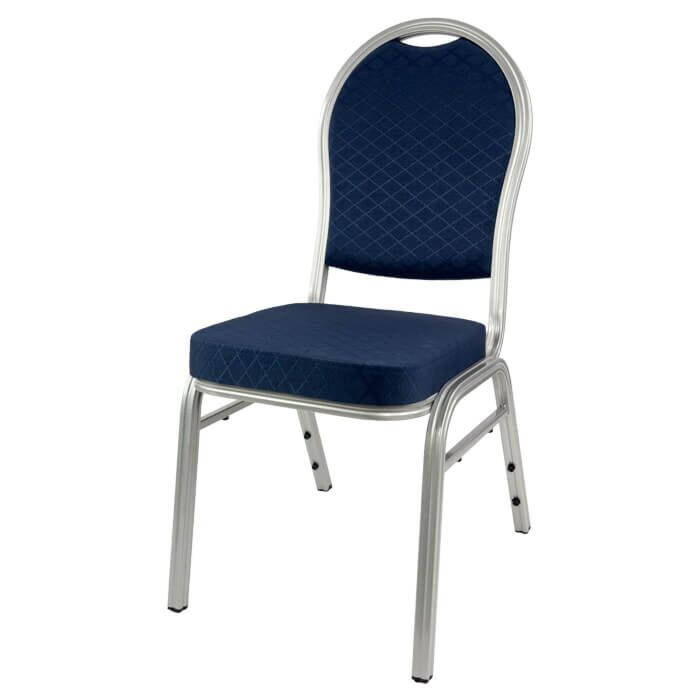 Profile view of Round Back Aluminium Banqueting Chair in Blue Fabric
