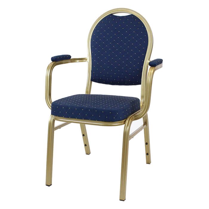 Profile view of Round Back Aluminium Banqueting Chair with Arms in Blue Fabric