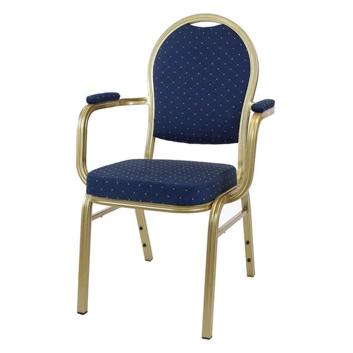 Profile view of Round Back Aluminium Banqueting Chair with Arms in Blue Fabric