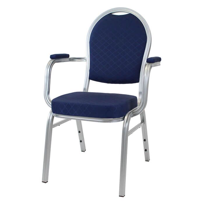 Profile view of Round Back Aluminium Banqueting Chair with Arms in Blue Fabric