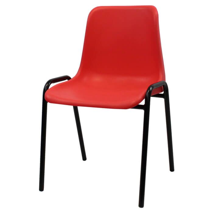 Profile view of Economy Plastic Stacking Chair Red Shell Black Frame