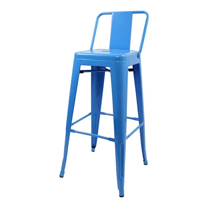 Profile view of Blue Tolix Bar Height Stool Low Back