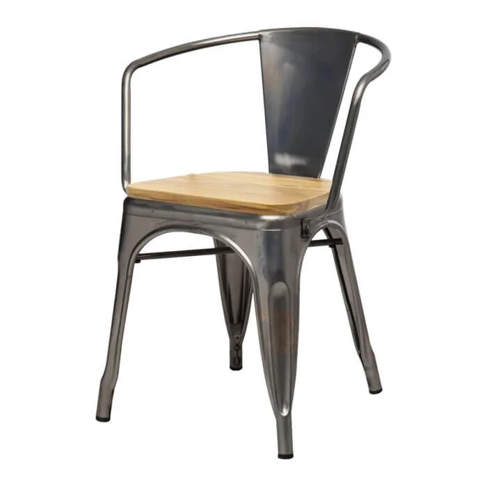 Tolix Style Armchair Industrial Grey with Wooden Seat