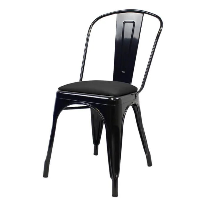 Tolix Style Side Chair Gloss Black with Upholstered Dome Seat