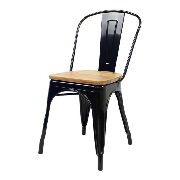 Tolix Style Side Chair Gloss Black with Wooden Seat