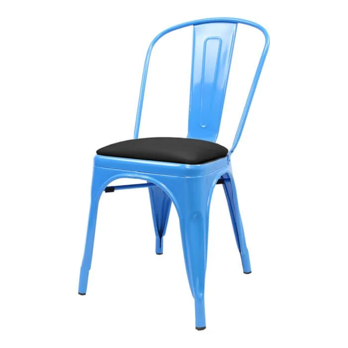 Tolix Style Side Chair Blue with Upholstered Dome Seat