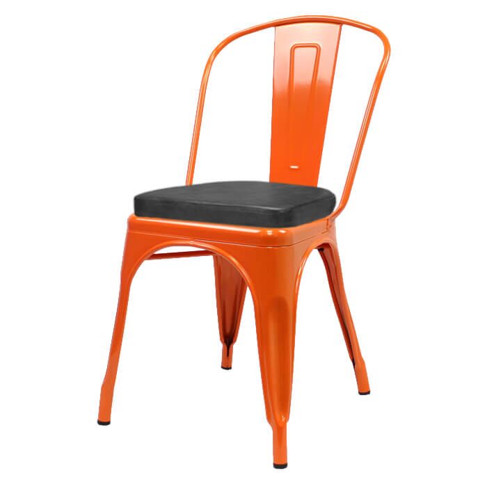Tolix Style Side Chair Orange with Upholstered Box Seat
