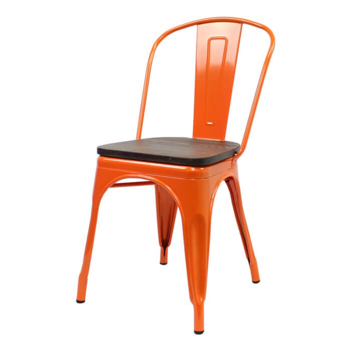 Tolix Style Side Chair Orange with Wooden Seat