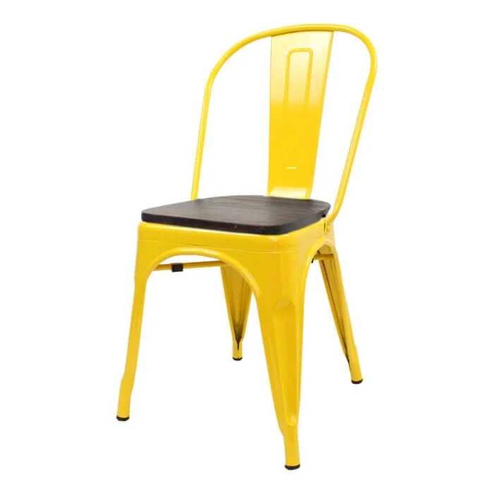 Tolix Style Side Chair Yellow with Wooden Seat