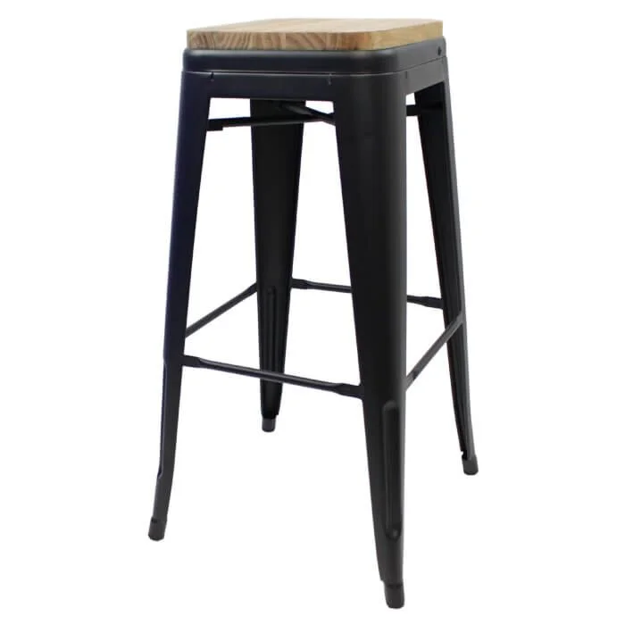 Tolix Style 76cm Bar Height Stool Matte Black with Wooden Seat