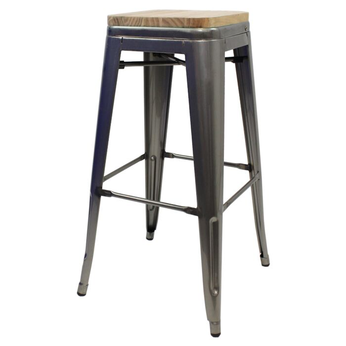 Tolix Style 76cm Bar Height Stool Industrial Grey with Wooden Seat