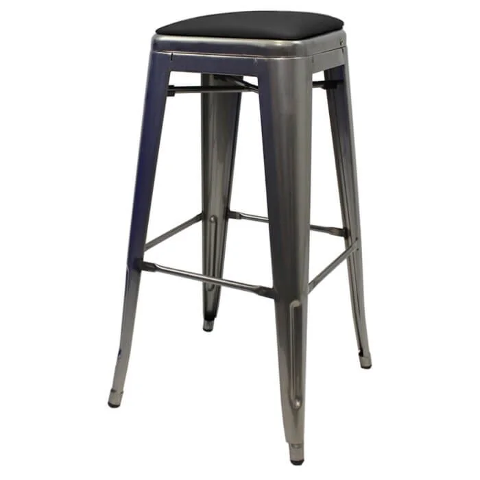 Tolix Style 76cm Bar Height Stool Industrial Grey with Upholstered Dome Seat
