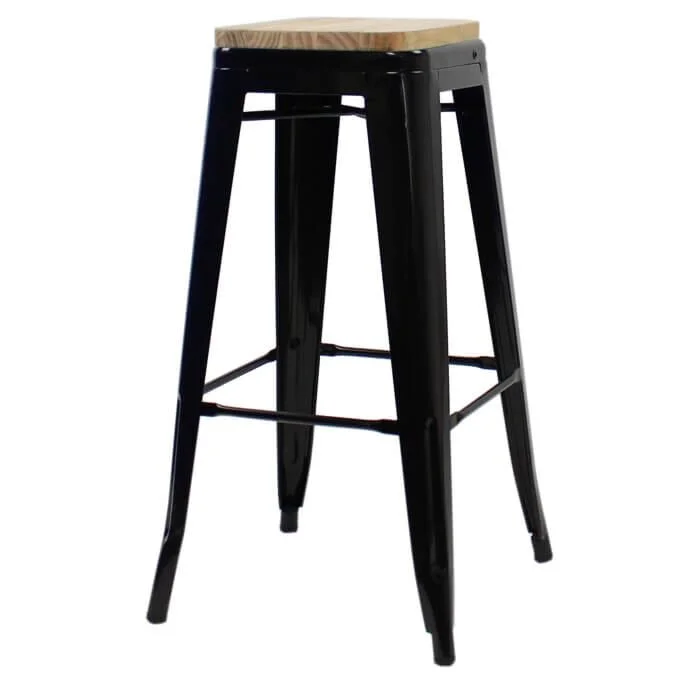 Tolix Style 76m Bar Height Stool Gloss Black with Wooden Seat