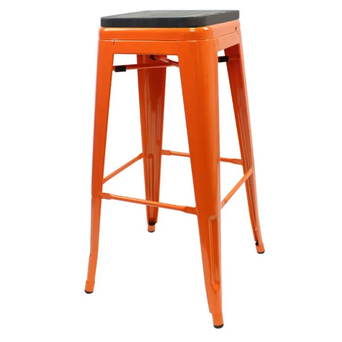 Tolix Style 76cm Bar Height Stool Orange with Wooden Seat