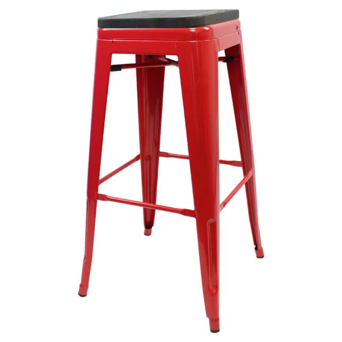 Tolix Style 76cm Bar Height Stool Red with Wooden Seat