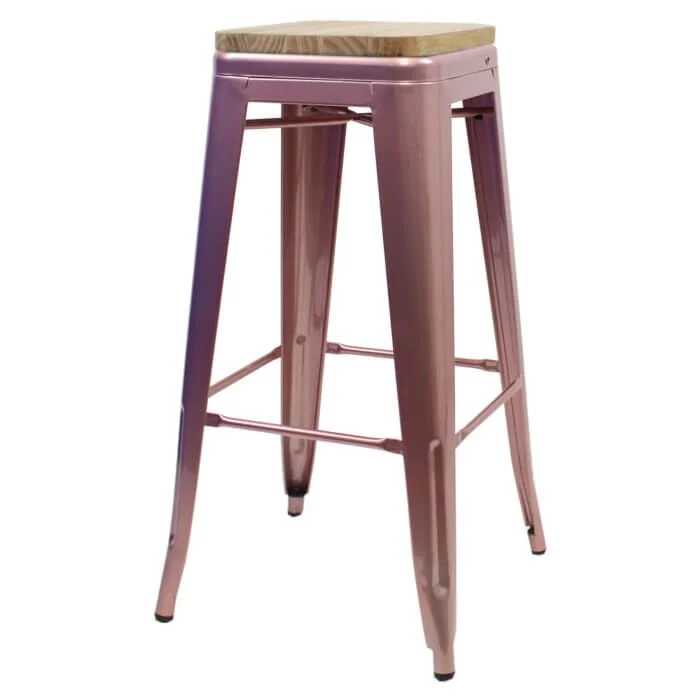 Tolix Style 76cm Bar Height Stool Rose Gold with Wooden Seat