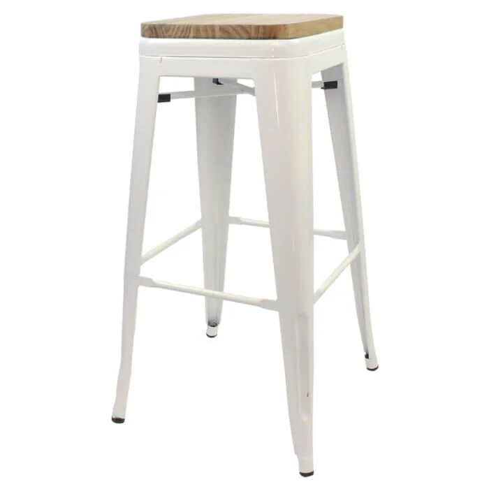 Tolix Style 76cm Bar Height Stool White with Wooden Seat