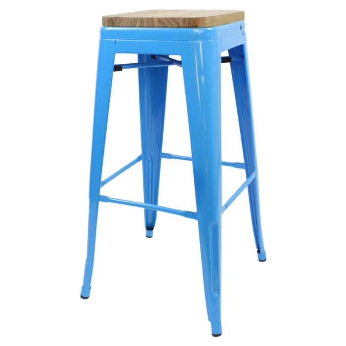 Tolix Style 76cm Bar Height Stool Blue with Wooden Seat