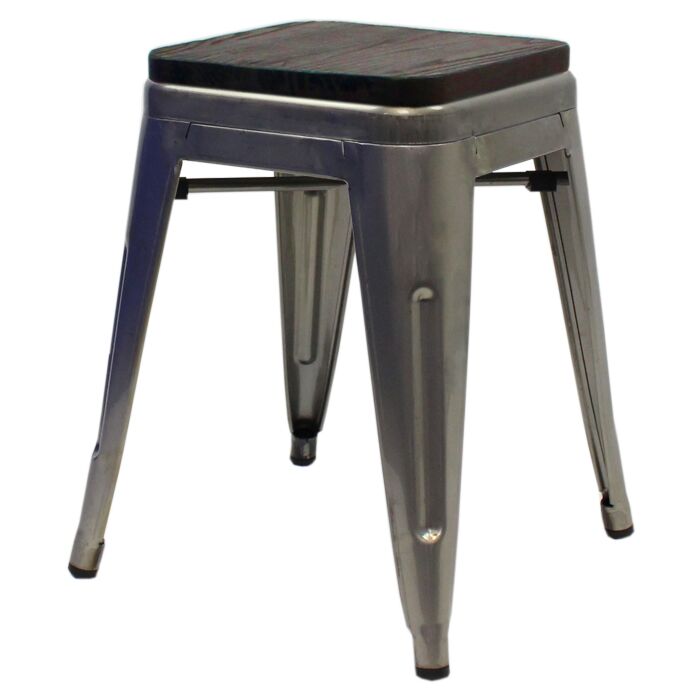 Profile view of Industrial Grey Tolix Low Stool with Walnut Wooden Seat