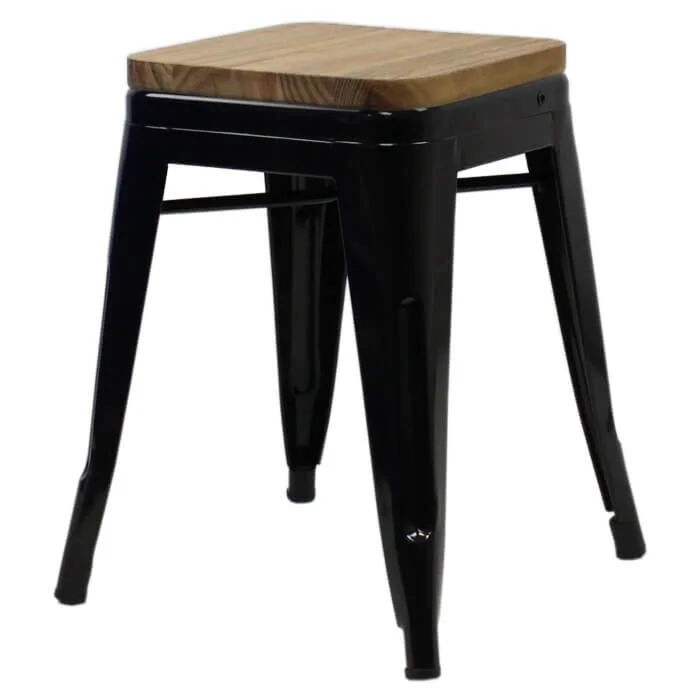 Tolix Style 46cm Low Stool Gloss Black with Wooden Seat