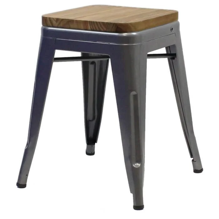 Tolix Style 46cm Low Stool Gloss Gun Metal with Wooden Seat
