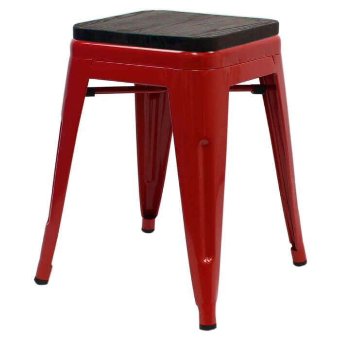 Tolix Style 46cm Low Stool Red with Wooden Seat