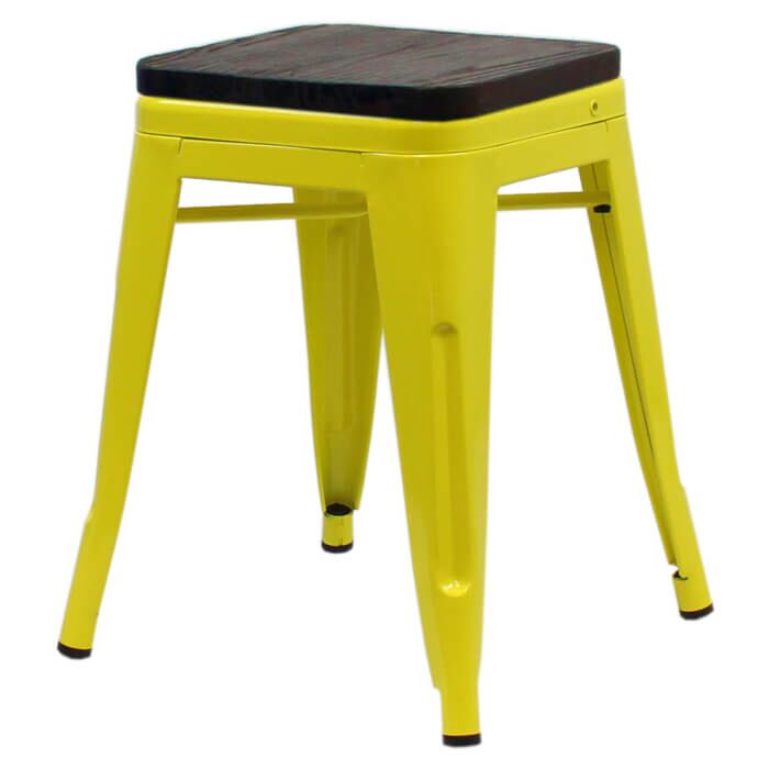 Tolix Style 46cm Low Stool Yellow with Wooden Seat