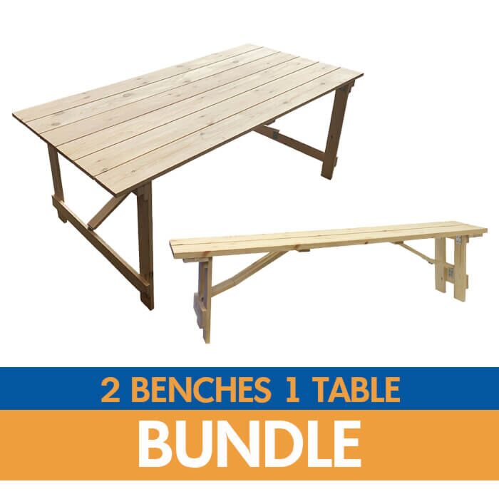 Folding Farm Bench and 6ft x 2ft 6in Farm Table Bundle - Raw