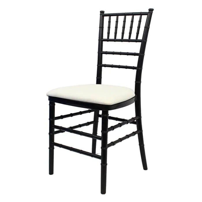 Profile View of Black Resin Chiavari Banqueting Chair with White Vinyl Seat Pad