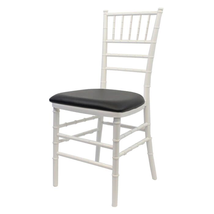 Profile View of White Resin Chiavari Banqueting Chair with Black Vinyl Seat Pad