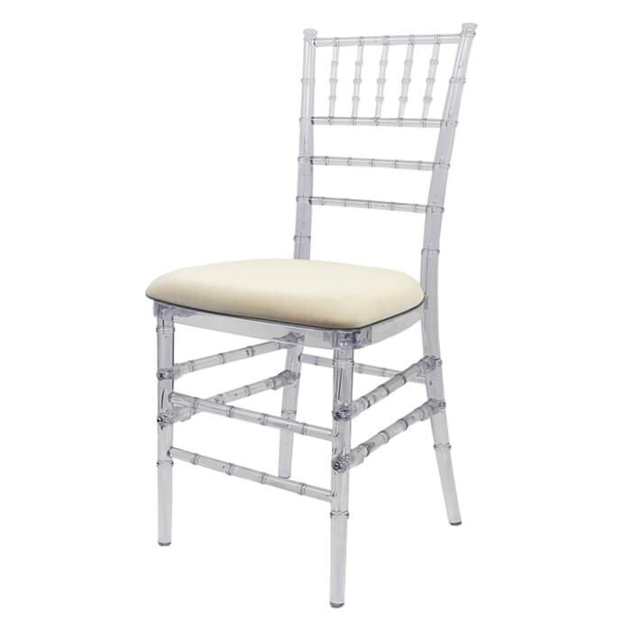 Profile View of Ice Resin Chiavari Banqueting Chair with Ivory Seat Pad