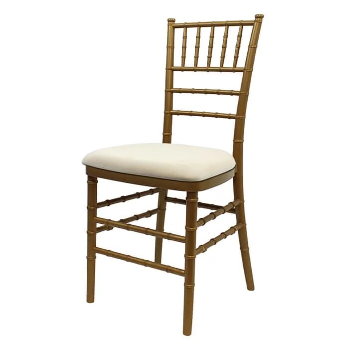 Profile View of Antique Gold Resin Chiavari Banqueting Chair with Ivory Seat Pad
