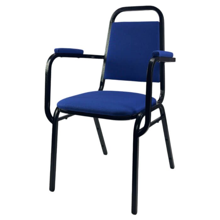 Profile view of Economy Steel Banqueting Chair with Arms in Blue Fabric