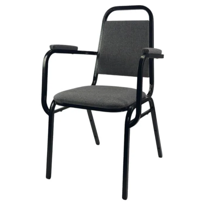 Profile view of Economy Steel Banqueting Chair with Arms in Grey Fabric