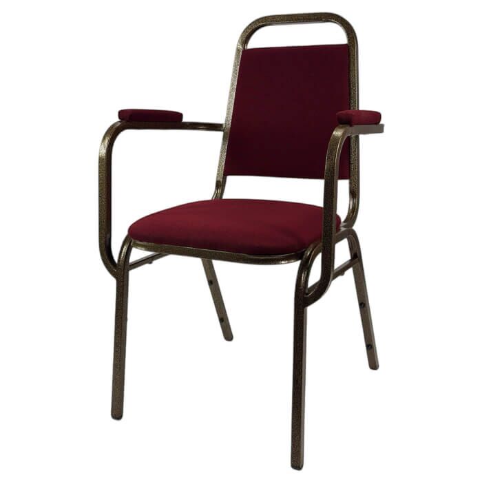 Profile view of Economy Steel Banqueting Chair with Arms in Burgundy Fabric