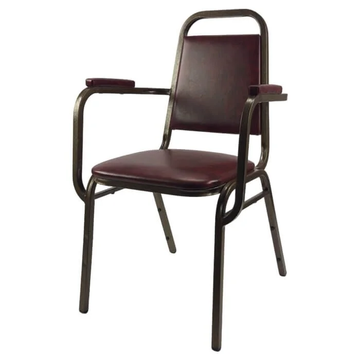 Profile view of Economy Steel Banqueting Chair with Arms in Burgundy Vinyl