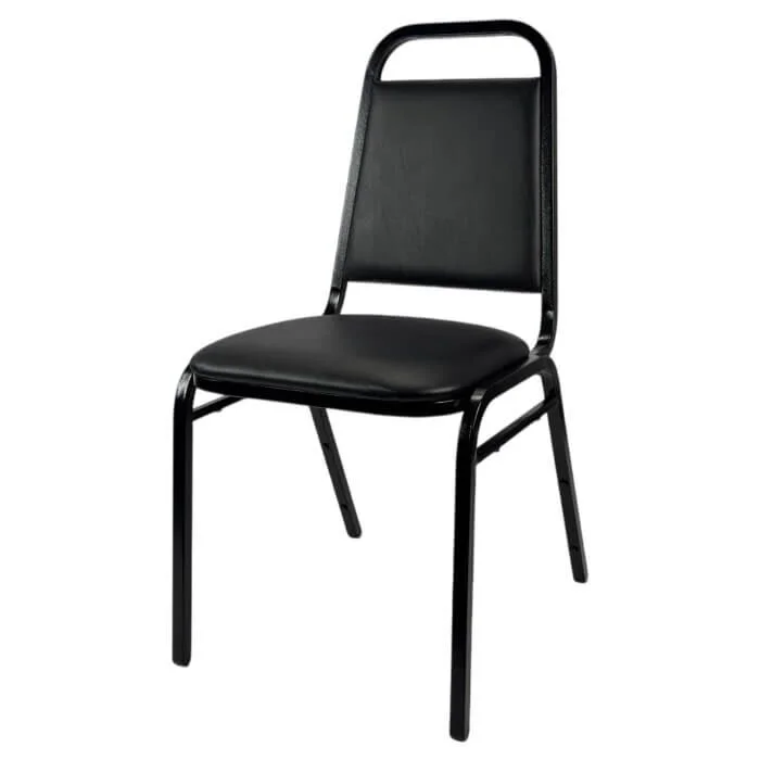 Profile view of Economy Steel Banqueting Chair in Black Vinyl Fabric