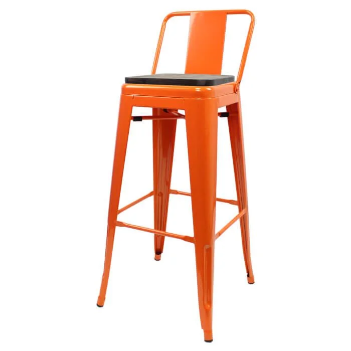 Tolix Style 76cm Bar Height Stool Low Back with Wooden Seat - Orange