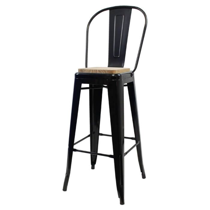 Tolix Style 76cm Bar Height Stool with Tall Back Rest Gloss Black with Wooden Seat
