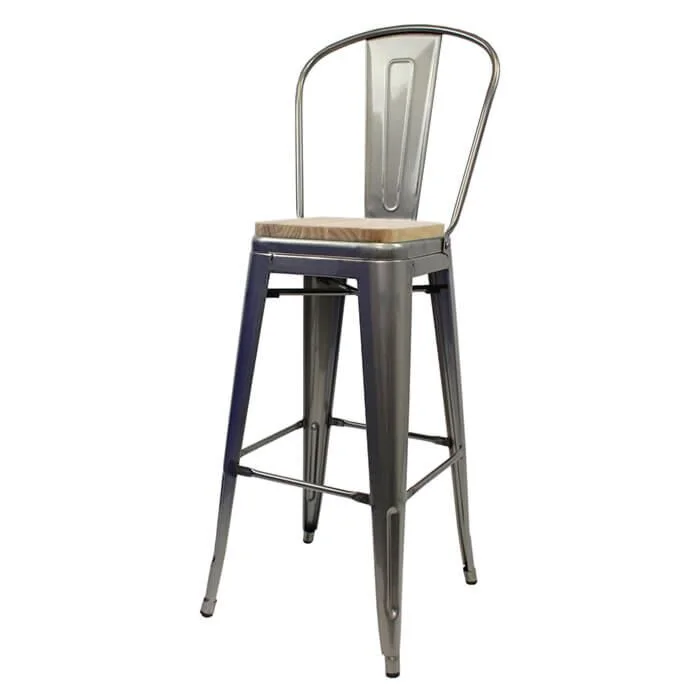 Tolix Style 76cm Bar Height Stool with Tall Back Rest Industrial Grey with Wooden Seat