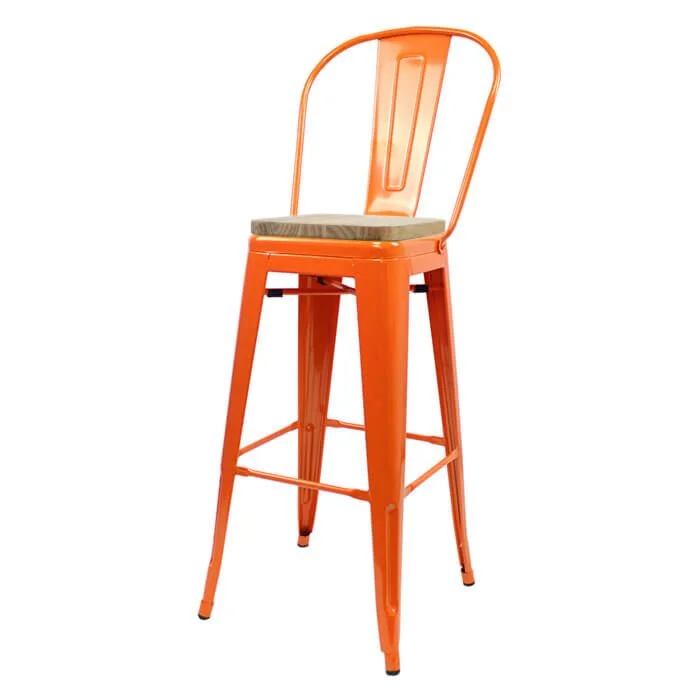 Tolix Style 76cm Bar Height Stool with Tall Back Rest Orange with Wooden Seat