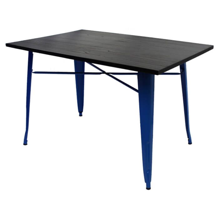 Tolix Style Dining Table - 120cm x 80cm Rectangle - Gloss Blue with Dark Oak Top
