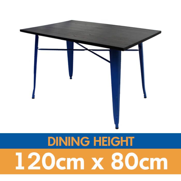 Tolix Style Dining Table - 120cm x 80cm Rectangle - Gloss Blue with Dark Oak Top