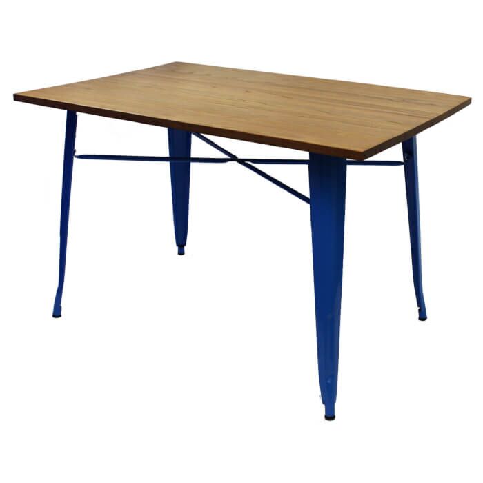 Tolix Style Dining Table - 120cm x 80cm Rectangle - Gloss Blue with Light Oak Top