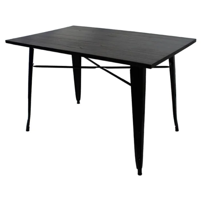 Tolix Style Dining Table - 120cm x 80cm Rectangle - Gloss Black with Dark Oak Top