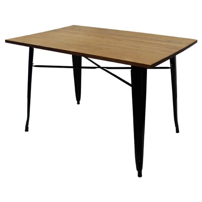 Tolix Style Dining Table - 120cm x 80cm Rectangle - Gloss Black with Light Oak Top