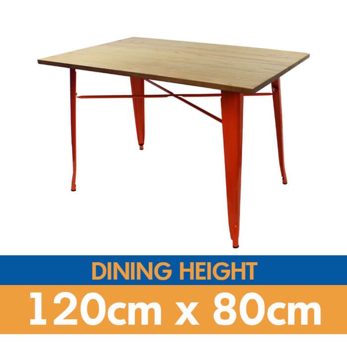 Tolix Style Dining Table - 120cm x 80cm Rectangle - Gloss Orange with Light Oak Top