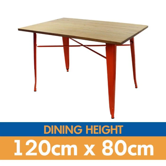 Tolix Style Dining Table - 120cm x 80cm Rectangle - Gloss Orange with Light Oak Top