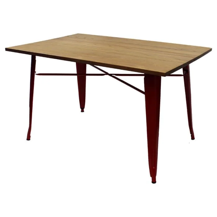 Tolix Style Dining Table - 120cm x 80cm Rectangle - Gloss Red with Light Oak Top